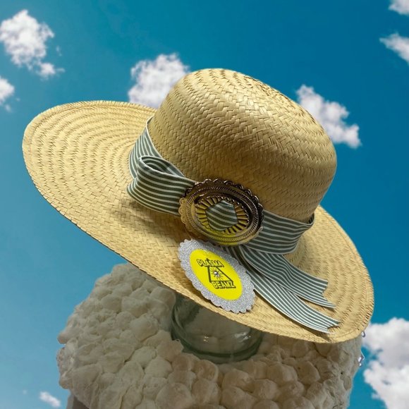 Handmade Accessories - Handmade Straw Panama Hat with Green Stripe Grosgrain Ribbon Detail